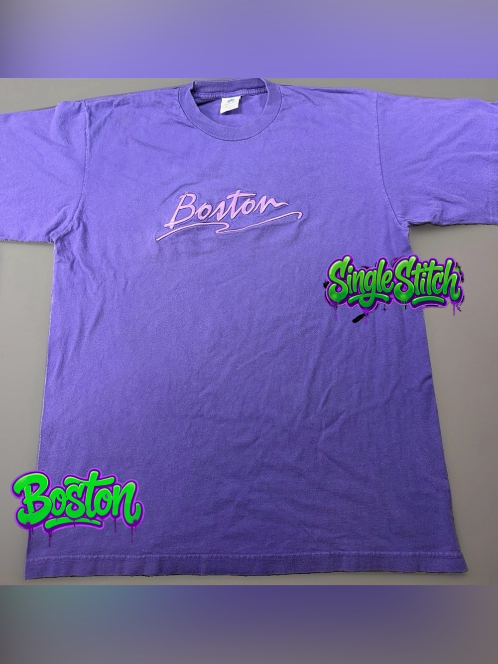 Boston T-Shirt Mens XL Purple Embroidered Script Single Stitch 22x29 Made USA